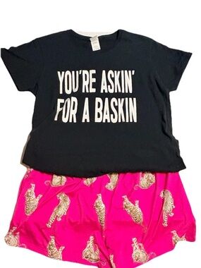 Cotton Women's L  Set Black Tee Pink Tiger Shorts Fun Tiger King Carol Baskin